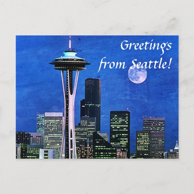 Greetings from Blue Seattle Skyline Postcard (Front)