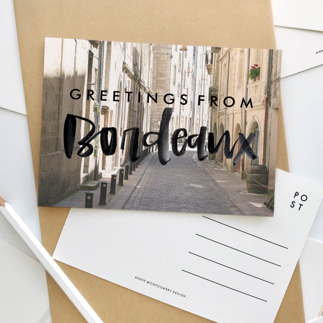 Greetings from Bordeaux France Travel Postcard (Greetings from Bordeaux watercolor letters over photography travel postcard.)