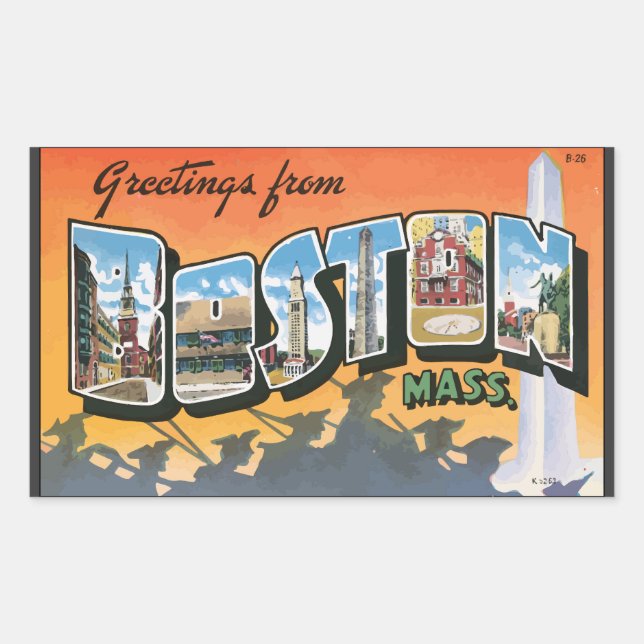 Greetings From Boston Mass., Vintage Rectangular Sticker (Front)