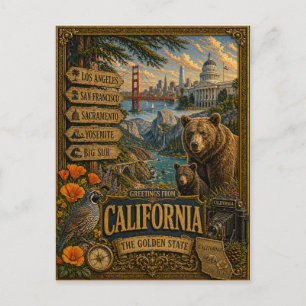 Greetings From California Vintage Retro Art Postcard
