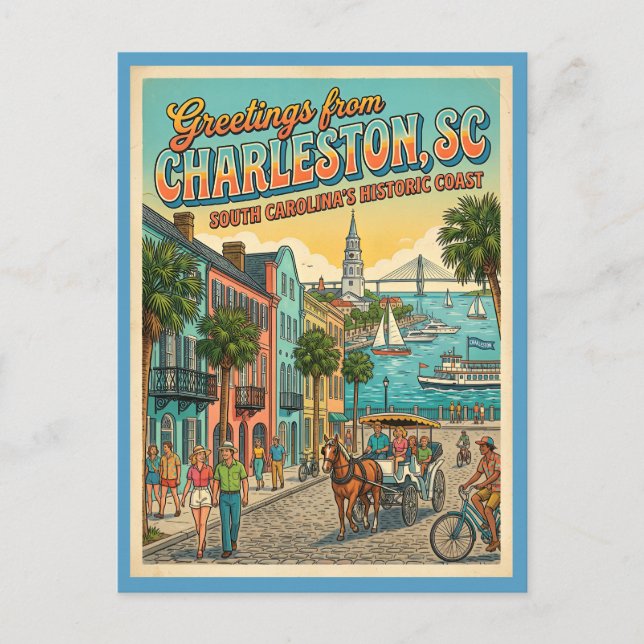 Greetings From Charleston SC Retro Inspired Postcard (Front)