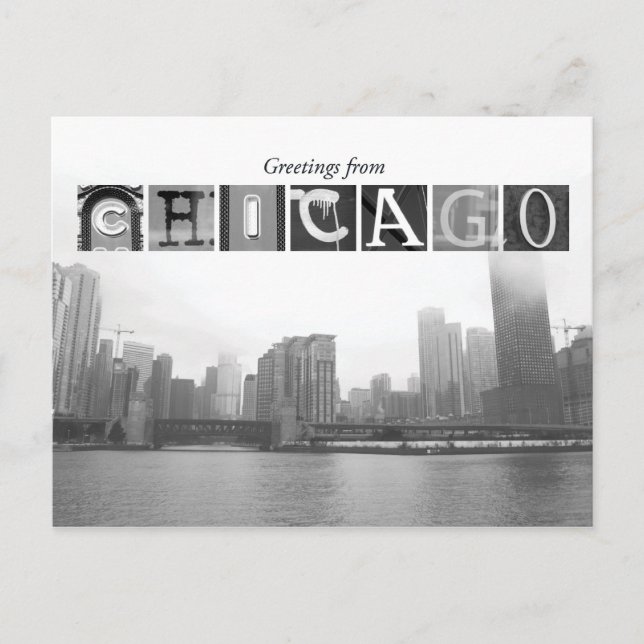 Greetings from Chicago Black and White Skyline Postcard (Front)