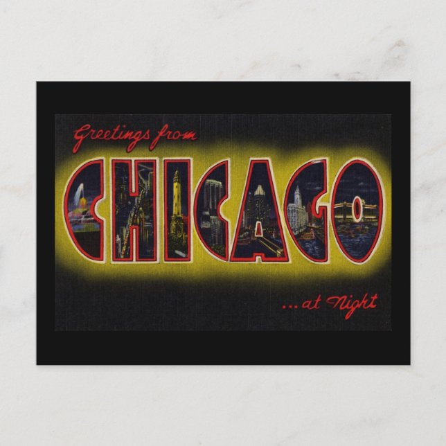 Greetings from Chicago Illinois At Night Postcard (Front)