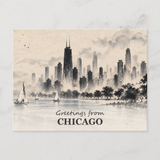 Greetings from Chicago Skyline Ink Wash Postcard
