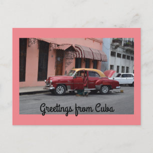 Greetings from Cuba Red Car Pink Building Postcard