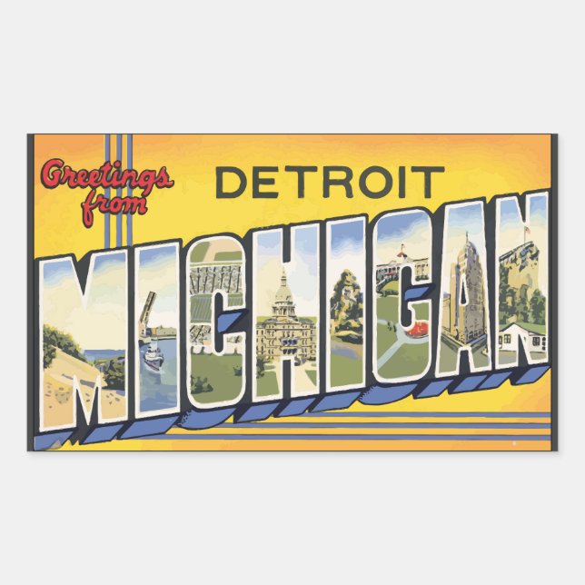 Greetings From Detroit Michigan, Vintage Rectangular Sticker (Front)
