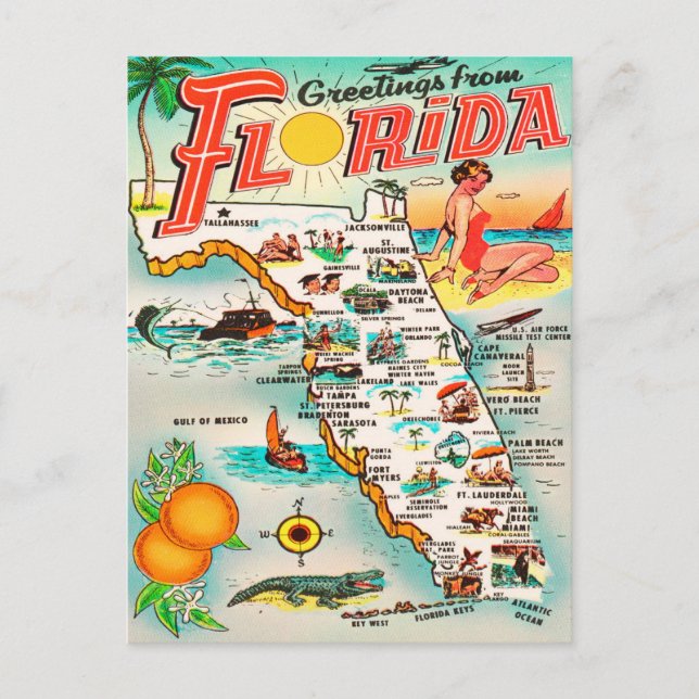 Greetings from Florida Map Vintage Travel Postcard (Front)