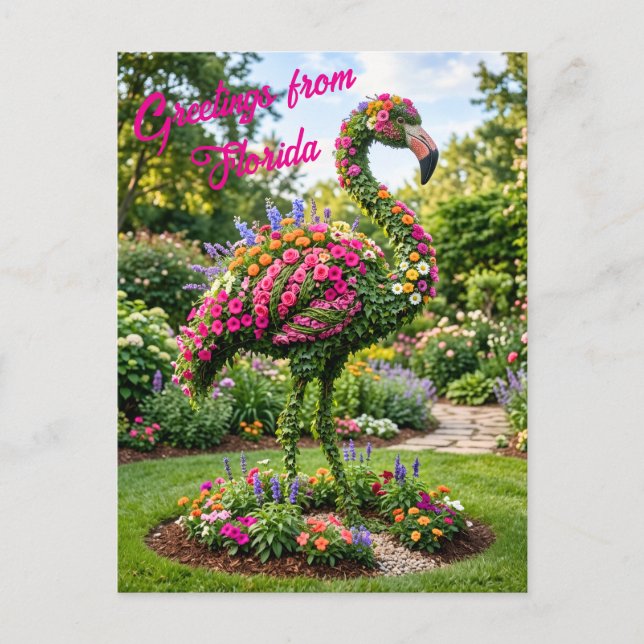 Greetings from Florida Tropical Flamingo Topiary Postcard (Front)