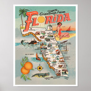 Greetings from Florida vintage map of Florida Poster