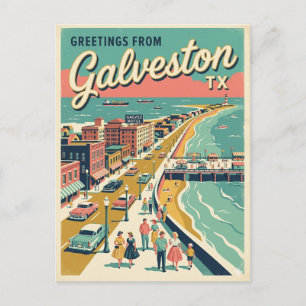 Greetings From Galveston TX Bird’s Eye View Retro Postcard