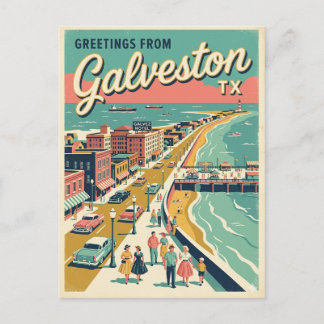 Greetings From Galveston TX Bird’s Eye View Retro Postcard