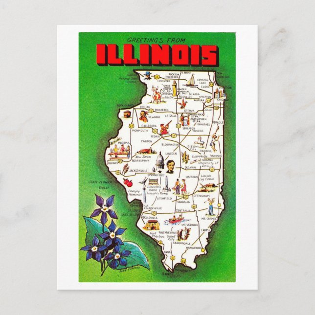 Greetings from Illinois Vintage Map Postcard (Front)