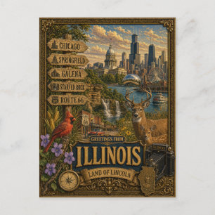 Greetings From Illinois   Vintage Retro Art Postcard