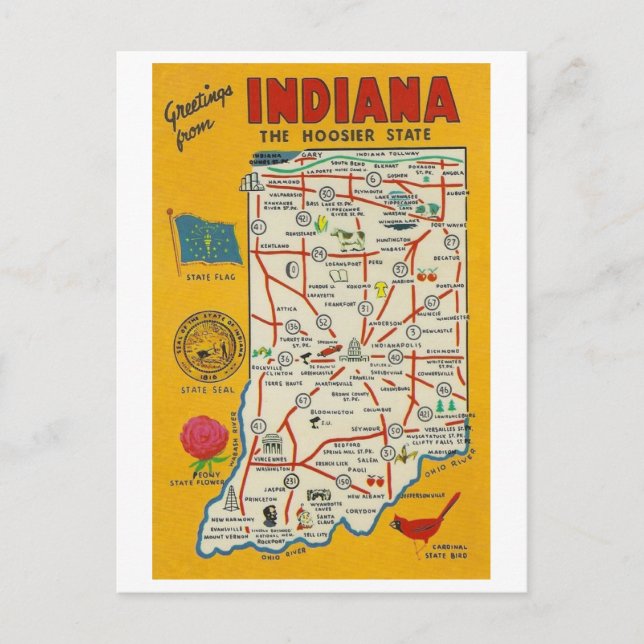 Greetings from Indiana Vintage Map Postcard (Front)