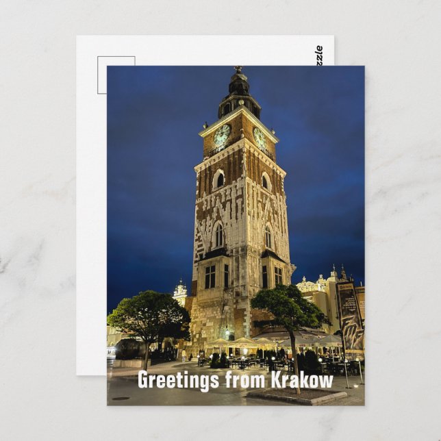 Greetings from Krakow Town Hall Tower Night Poland Postcard (Front/Back)