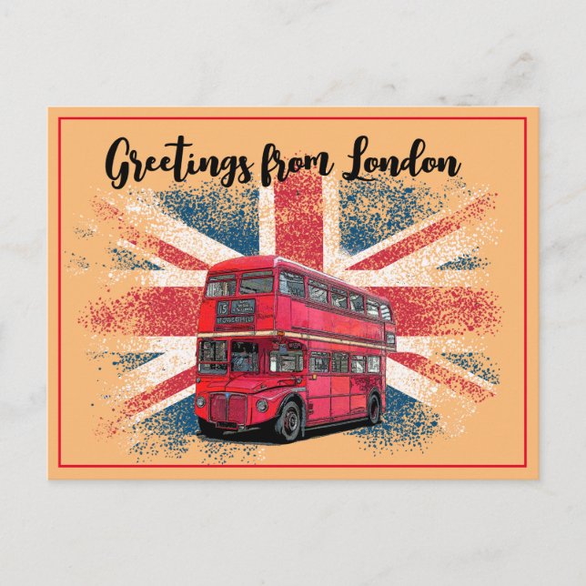 Greetings From London Red Bus Union Jack Souvenir Holiday Postcard (Front)