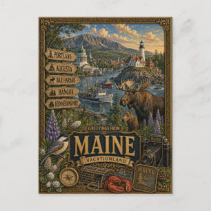 Greetings From Maine   Vintage Retro Art  Postcard