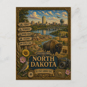 Greetings From North Dakota Vintage Retro Art Postcard
