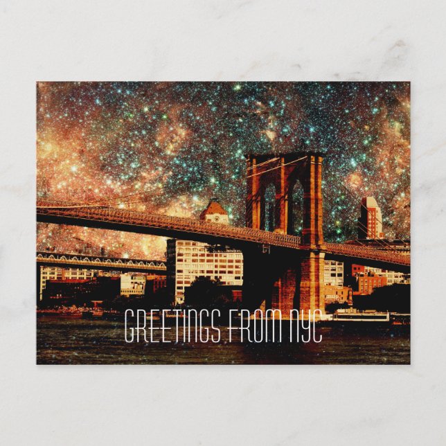 Greetings from NYC Starry Night Brooklyn Bridge Postcard (Front)