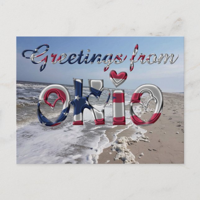 Greetings from Ohio State Flag Hearts USA Postcard (Front)