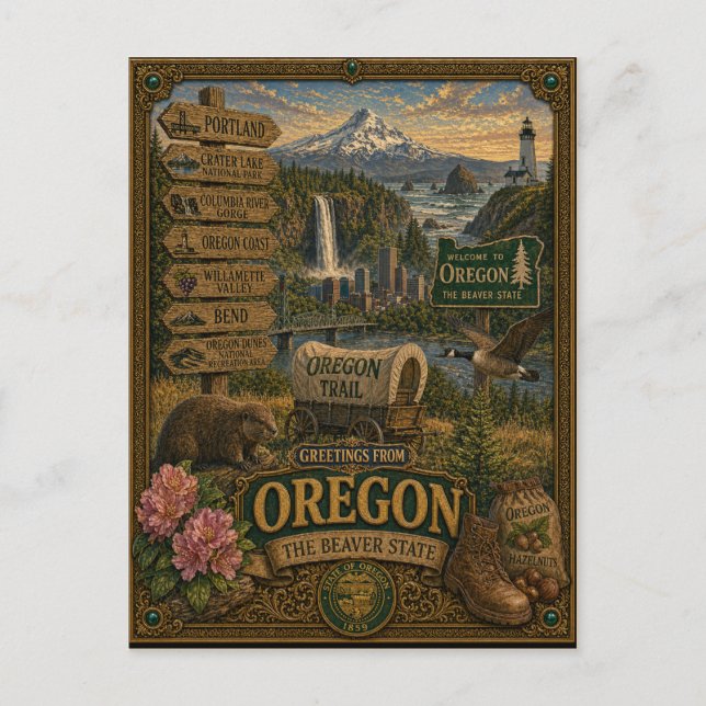 Greetings From Oregon | Vintage Retro Art Postcard (Front)