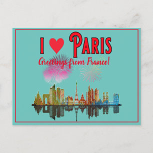 Greetings From Paris at Night Skyline Fireworks Holiday Postcard