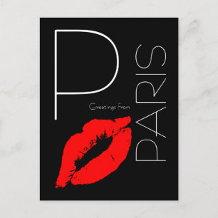 Greetings from Paris Red Lipstick Kiss Black Postcard
