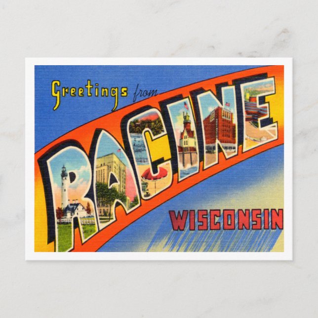 Greetings from Racine, Wisconsin Vintage Travel Postcard (Front)