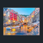 Greetings From Riomaggiore, Italy Postcard<br><div class="desc">This wonderful postcard showcases a stunning photo of the charming village of Riomaggiore, Italy. As the southernmost village in the Cinque Terre, Riomaggiore boasts a quaint harbour, quite colourful houses, and a lovely trail leading to Manarola. This beautiful postcard would make a perfect gift for close friends, family, and coworkers....</div>