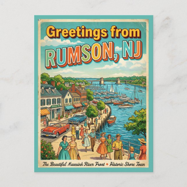Greetings From Rumson NJ Retro Postcard (Front)