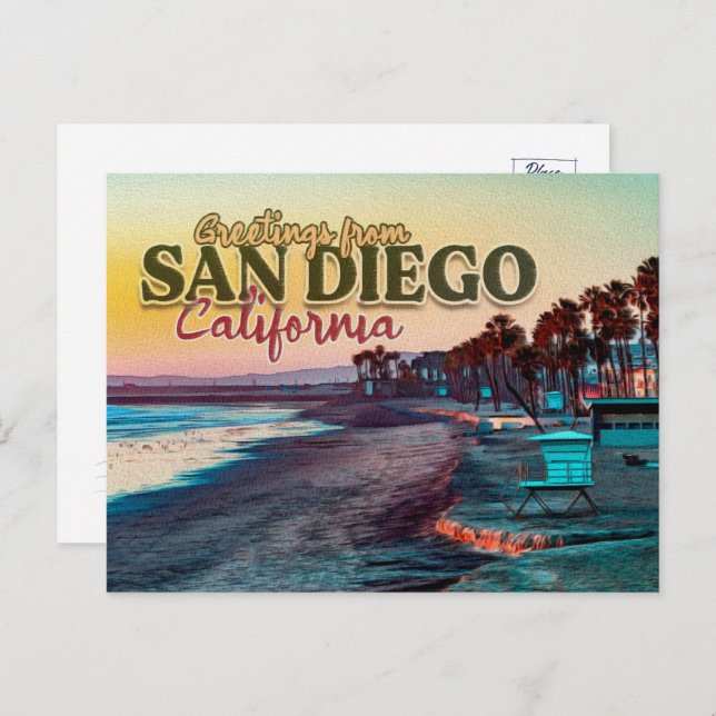 Greetings from San Diego Ca Watercolor Sunset 60s Postcard (Front/Back)