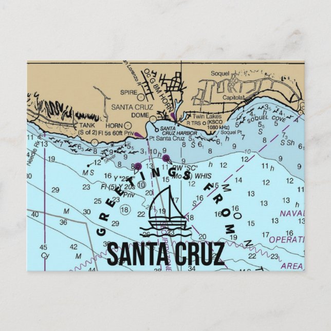 Greetings From Santa Cruz Nautical Chart Postcard (Front)