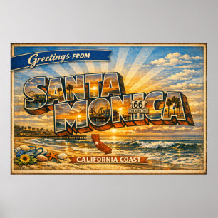 Greetings From Santa Monica Vintage Postcard Poster