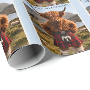 "Greetings From Scotland" Highland Cow Design Wrapping Paper