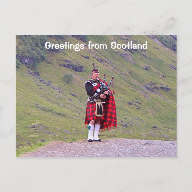 Greetings from Scotland: Lone Scottish bagpiper Postcard (Front)