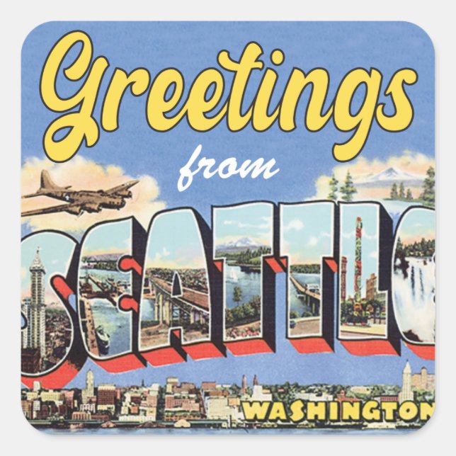 Greetings from Seattle Vintage Travel Square Sticker (Front)