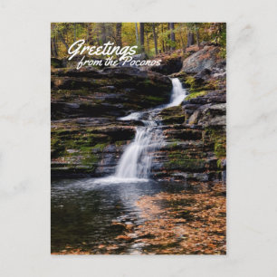 Greetings from the Poconos Autumn Waterfall Scene Postcard