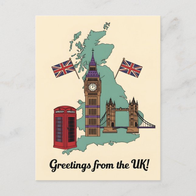 Greetings from the UK British Landmarks Travel Postcard (Front)