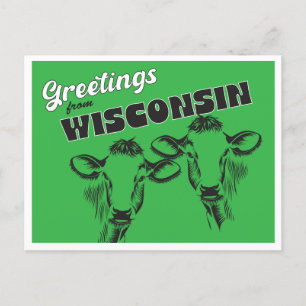 Greetings from Wisconsin with Vintage Cows Drawing Postcard