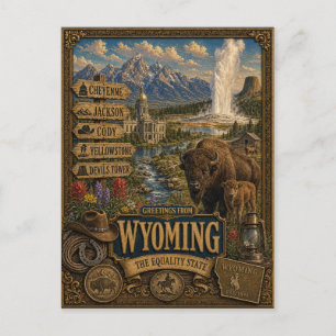 Greetings From Wyoming   Vintage Retro Art Postcard