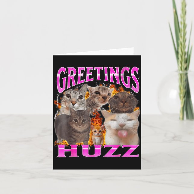 Greetings Huzz Funny Cat Meme Bootleg Graphic Men  Card (Front)