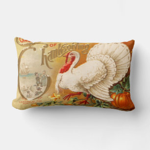 Greetings of Thanksgiving White Turkey Vintage Lumbar Cushion