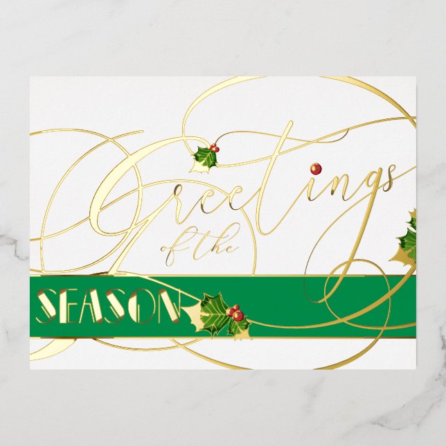 Greetings of the Season Gold Calligraphy Foil Holiday Postcard (Front)