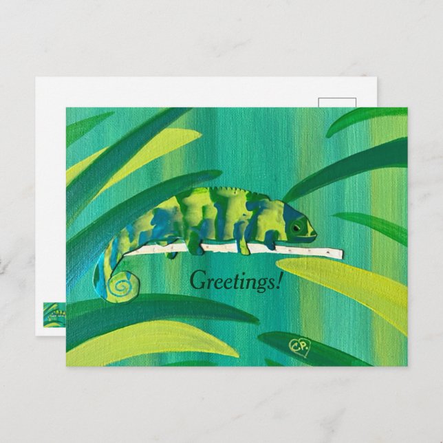 Greetings or Your Text on Cute Chameleon Postcards (Front/Back)
