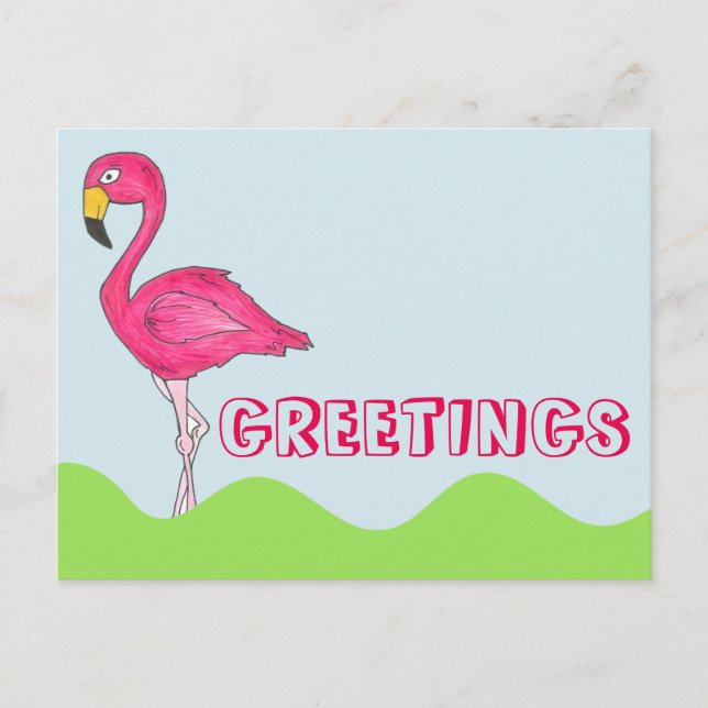 GREETINGS Pretty Pink Flamingo Bird Postcard (Front)