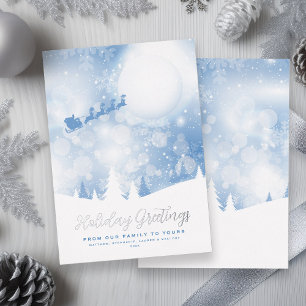 Greetings Santa Script Blue Snow Real Foil Holiday Card