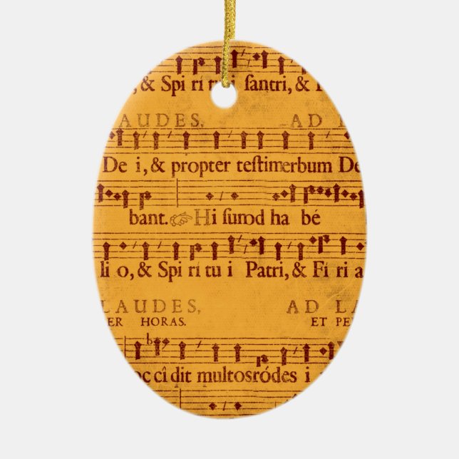 Gregorian chant music score ceramic tree decoration (Front)