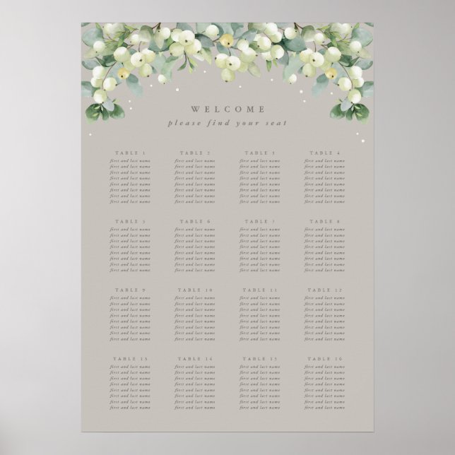 Greige 20x28" 16 Tables of 8 Seating Chart Poster (Front)