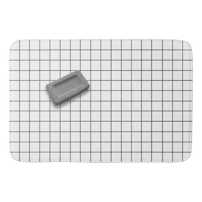 Greige Bar Soap on a White Tile Floor Bath Mat (Front)