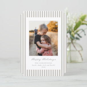 Greige/Beige Stripes Happy Holidays Flat Photo Holiday Card